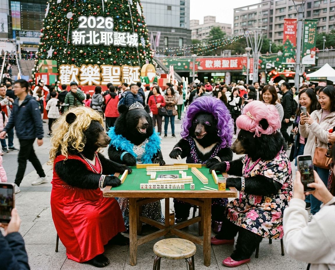 2026新北耶誕城驚見台灣黑熊,聖誕老公公也想加入三缺一,板橋市民廣場驚見台灣黑熊,台灣熊愛打麻將,台灣黑熊打麻將,碰牌胡牌大三元,聖誕節的黑熊大亂鬥,聽牌摸牌洗牌打麻將碰碰胡,台灣黑熊咆哮真人PK,今晚吃雞不如今晚胡牌,開桌自摸碰碰胡